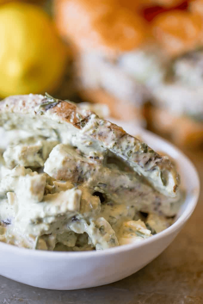 Chicken salad in a white bowl
