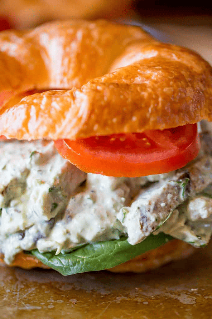 Close shot of croissant chicken salad sandwich