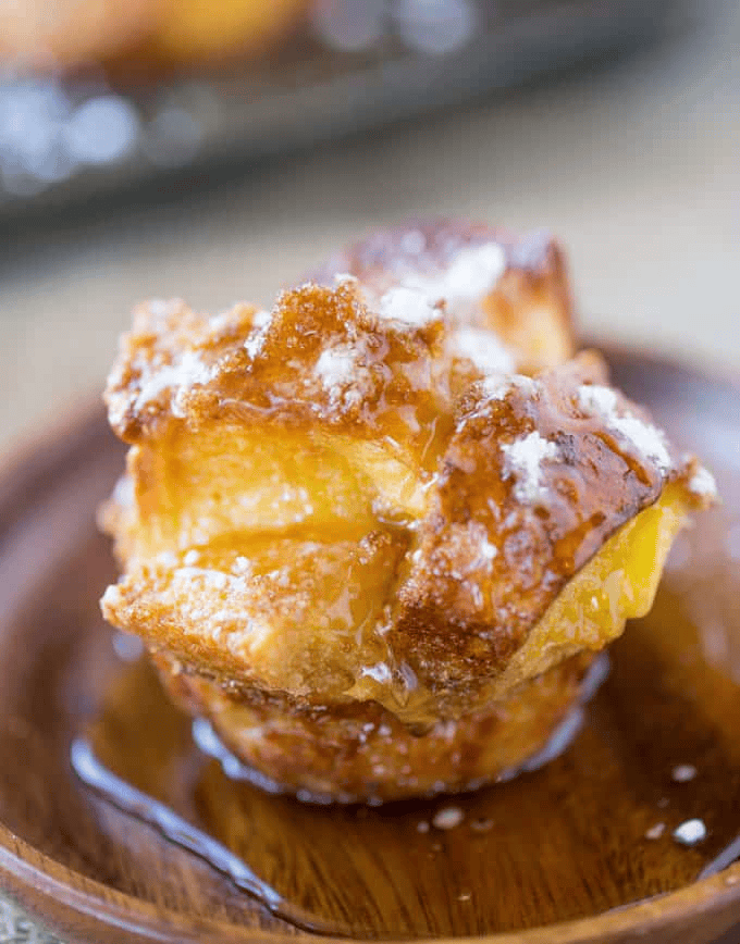 French toast bite with baking pan in the background
