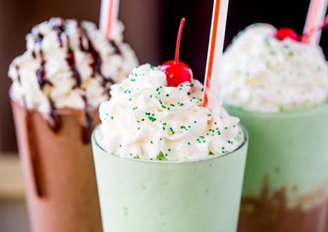 classic, chocolate, and frappe Shamrock Shakes together
