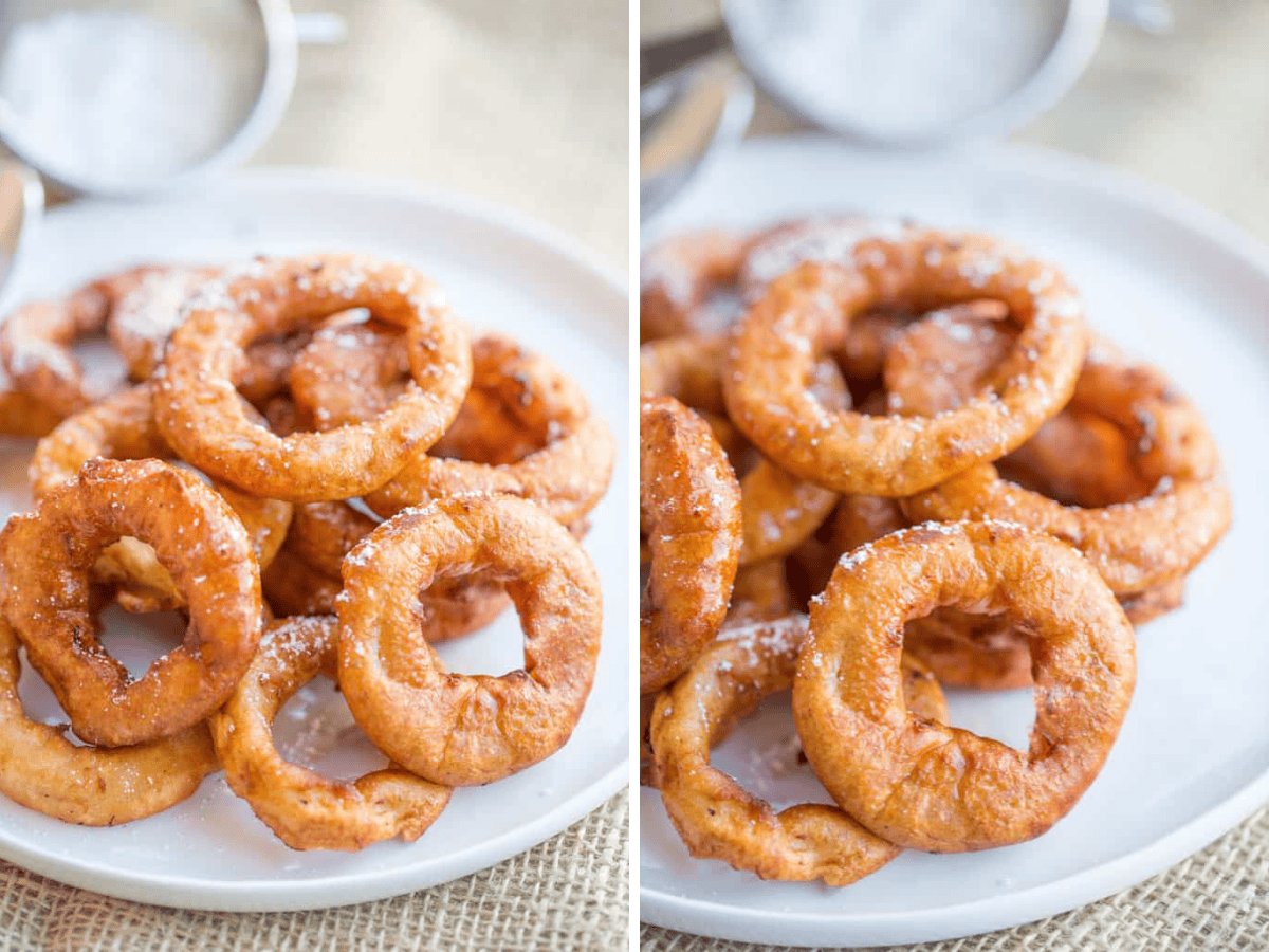 collage of fritters on white plate 