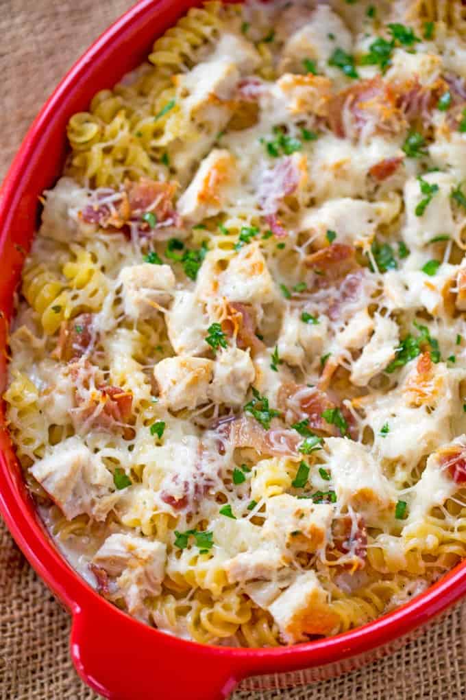 Chicken Bacon Ranch Pasta Bake is an easy casserole with creamy alfredo sauce with ranch flavors, chicken, bacon and pasta all baked together for a perfect weeknight meal.