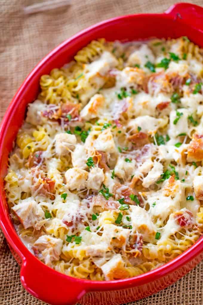 Chicken Bacon Ranch Pasta Bake is an easy casserole with creamy alfredo sauce with ranch flavors, chicken, bacon and pasta all baked together for a perfect weeknight meal.