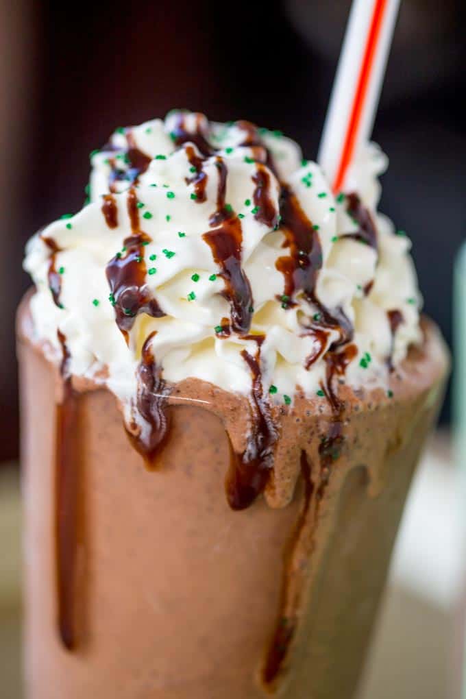 McDonald's Shamrock Chocolate Chip Frappe has a mocha caramel base with mint and chocolate chips blended in for a mint mocha frozen treat you'll love topped with chocolate sauce and whipped cream.