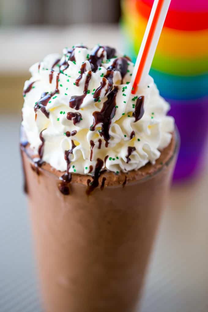 McDonald's Shamrock Chocolate Chip Frappe has a mocha caramel base with mint and chocolate chips blended in for a mint mocha frozen treat you'll love topped with chocolate sauce and whipped cream.