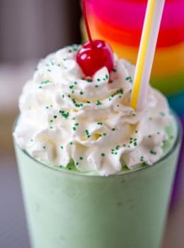 McDonald's Shamrock Shake is the homemade version of the classic St. Patrick's day treat made with vanilla ice cream, mint extract, whipped cream and a cherry.
