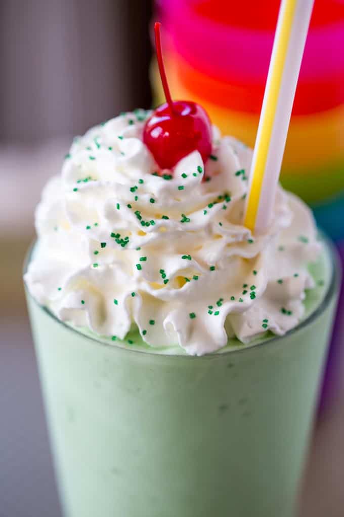 McDonald's Shamrock Shake is the homemade version of the classic St. Patrick's day treat made with vanilla ice cream, mint extract, whipped cream and a cherry.