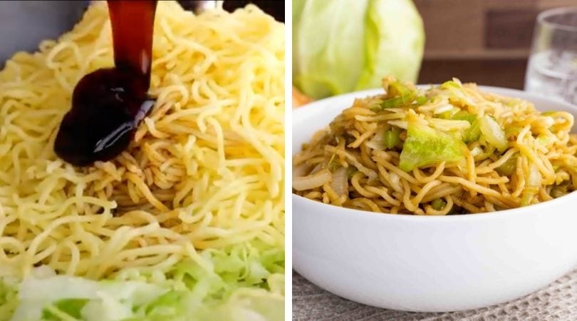 collage of Asian sauce and noodles