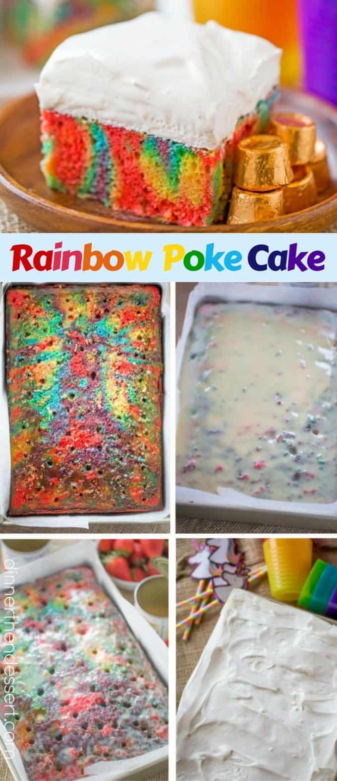Rainbow Poke Cake With Whipped Cream made with no cake mix. Condensed milk makes this poke cake super moist and fluffy stabilized whipped cream won't melt!
