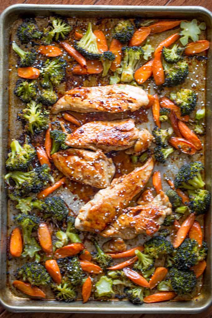 Sheet Pan Korean Chicken and Vegetables are a delicious and easy weeknight meal that cooks in one pan and makes crispy tender vegetables and moist sweet and garlicky chicken.