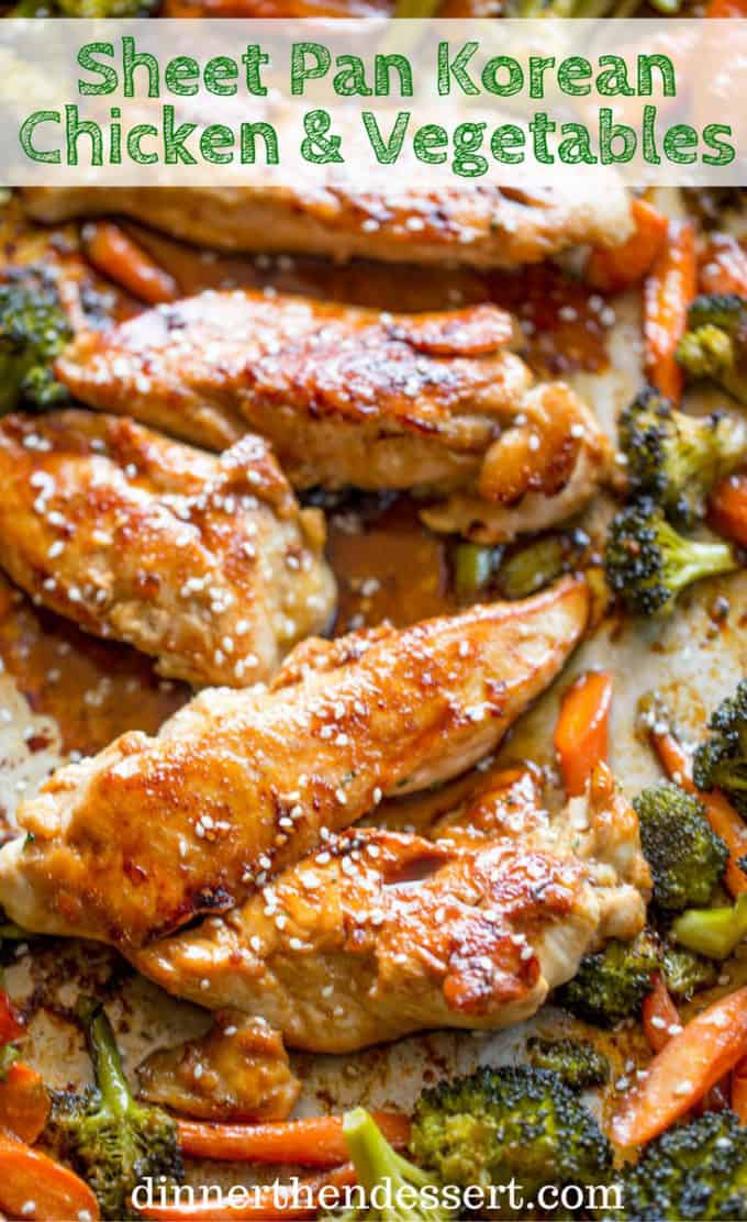 Sheet Pan Korean Chicken and Vegetables are a delicious and easy weeknight meal that cooks in one pan and makes crispy tender vegetables and moist sweet and garlicky chicken.