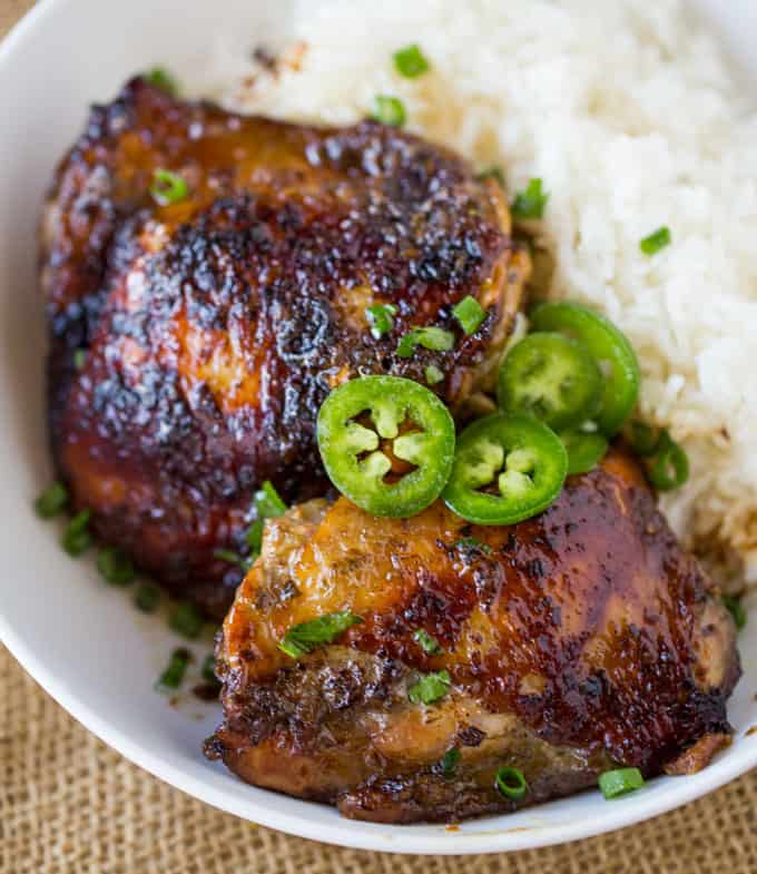 Slow Cooker Jerk Chicken with white rice on plate