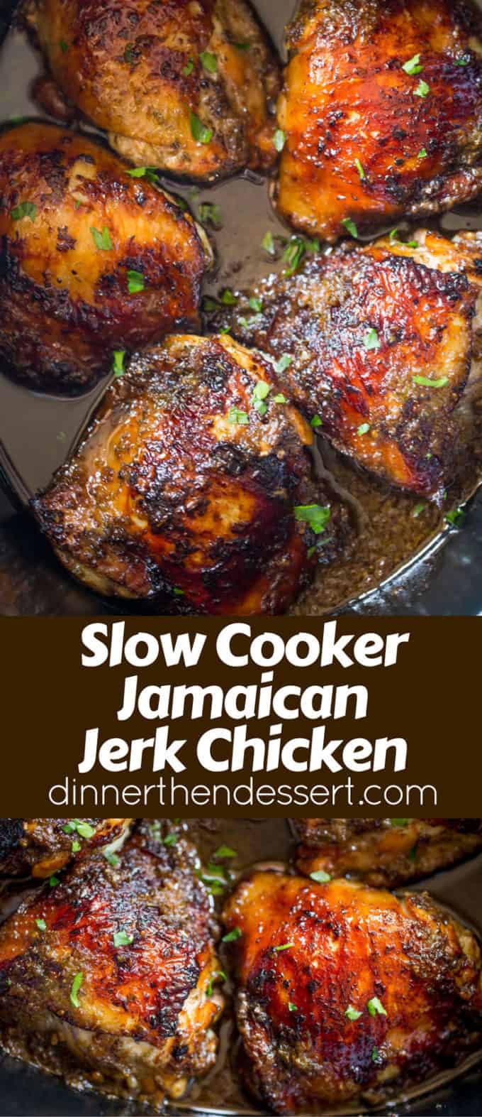 collage of cooked chicken thighs in slow cooker