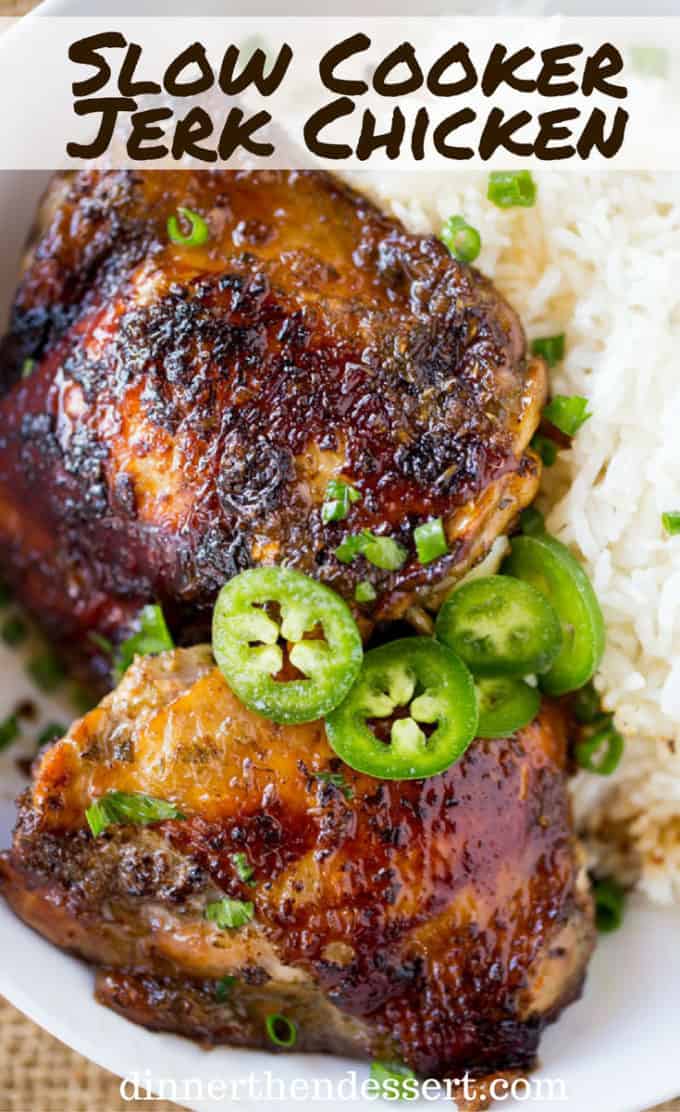Slow Cooker Jerk Chicken is a quick recipe with fantastic authentic Jamaican flavors of peppers, onions, allspice and cloves and with no mess to clean up.