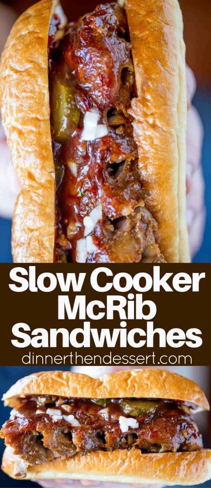 Slow Cooker McRib Sandwiches with an amazing baby back rib meat topped with the classic McDonald's bbq sauce, onions and pickles.