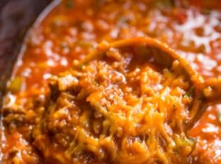 Slow Cooker Stuffed Pepper Soup is made with ground beef, bell peppers, onions and tomato sauce. All the flavors of your favorite stuffed peppers with half the effort.