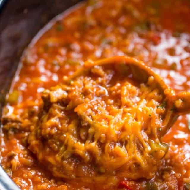 Slow Cooker Stuffed Pepper Soup is made with ground beef, bell peppers, onions and tomato sauce. All the flavors of your favorite stuffed peppers with half the effort.