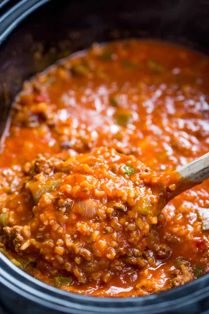 Slow Cooker Stuffed Pepper Soup is made with ground beef, bell peppers, onions and tomato sauce. All the flavors of your favorite stuffed peppers with half the effort. 