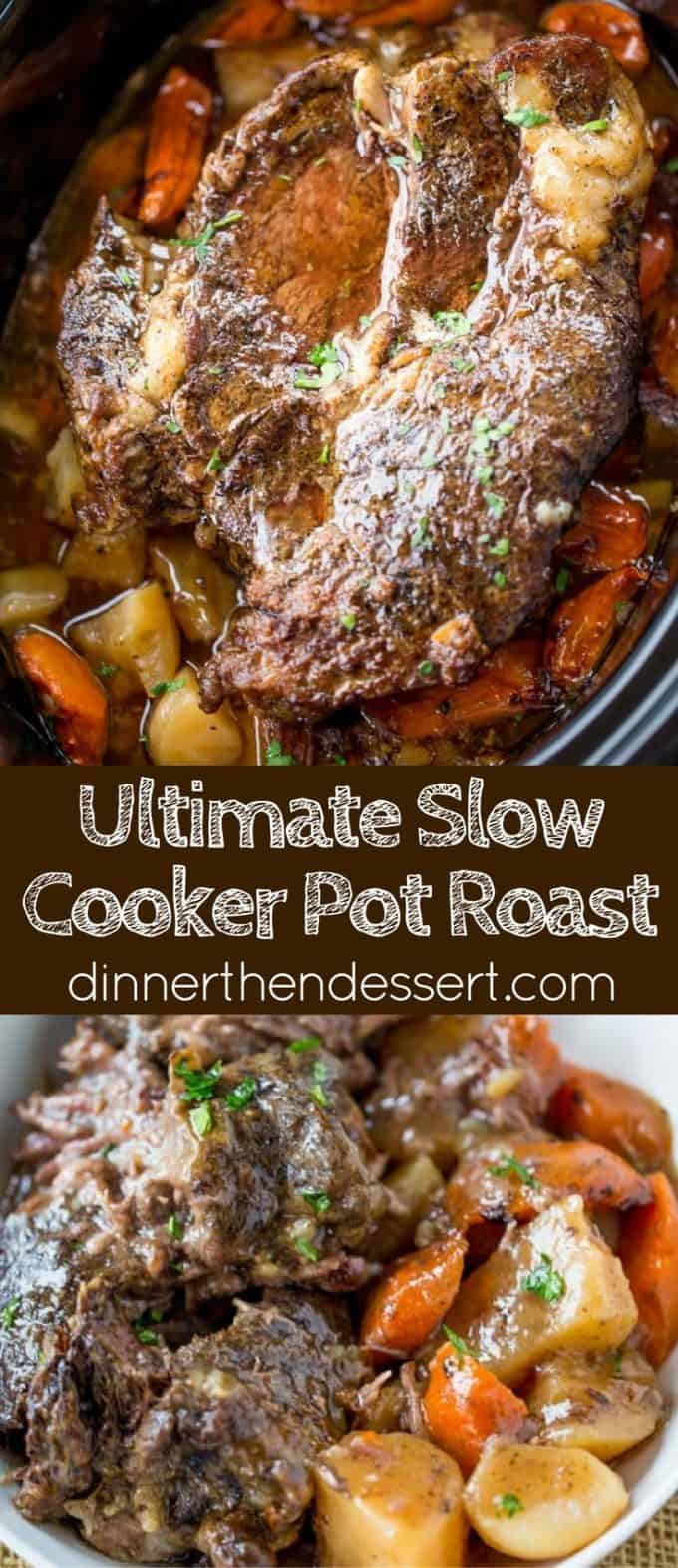 Ultimate Slow Cooker Pot Roast that leaves you with tender meat, vegetables and a built in gravy to enjoy them all with in just 15 minutes of prep! Perfect weeknight dinner!