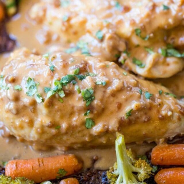 Cooked chicken and veggies in pan