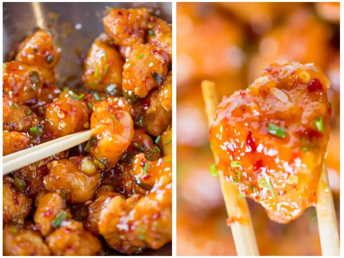 Collage of cooked meat with a close up of a piece on a chopstick