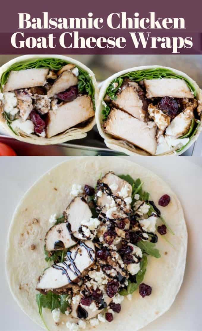 Balsamic Chicken Goat Cheese Wraps made with balsamic roasted chicken breasts, arugula, pecans, cranberries and goat cheese and topped with a wonderful balsamic glaze. The perfect lunch on the go.