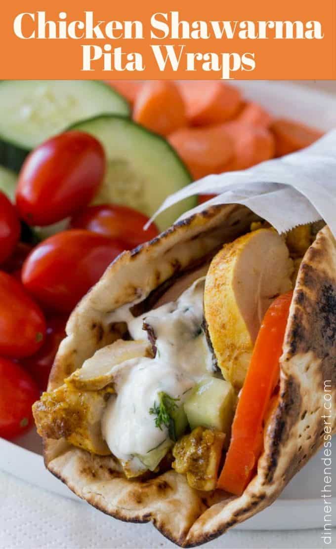Chicken Shawarma Pita Wraps with Dill Yogurt Sauce are baked on a sheet pan with sweet red onions and wrapped in a pita for the ultimate lunch without the long lines at your favorite lunch restaurant.