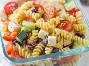 Easy Greek Pasta Salad with a homemade vinaigrette, pasta, feta, and olives is the perfect, easy lunch meal you can enjoy at room temperature. Also great with added chicken or shrimp.
