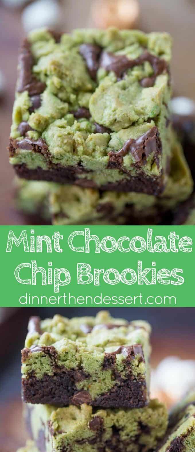 Mint Chocolate Chip Brookies are a delicious combination of mint chocolate chip cookies and rich dark chocolate brownies that tastes like your favorite thin mint cookies.