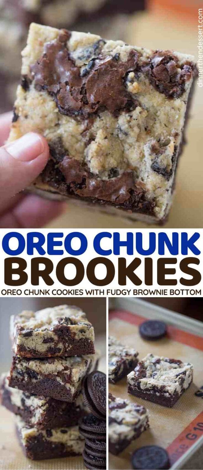 Collage of photos of Oreo Cookie Brookies with fudge brownie bottom