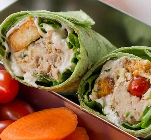 closeup of Chicken Caesar Salad Wraps with shredded chicken