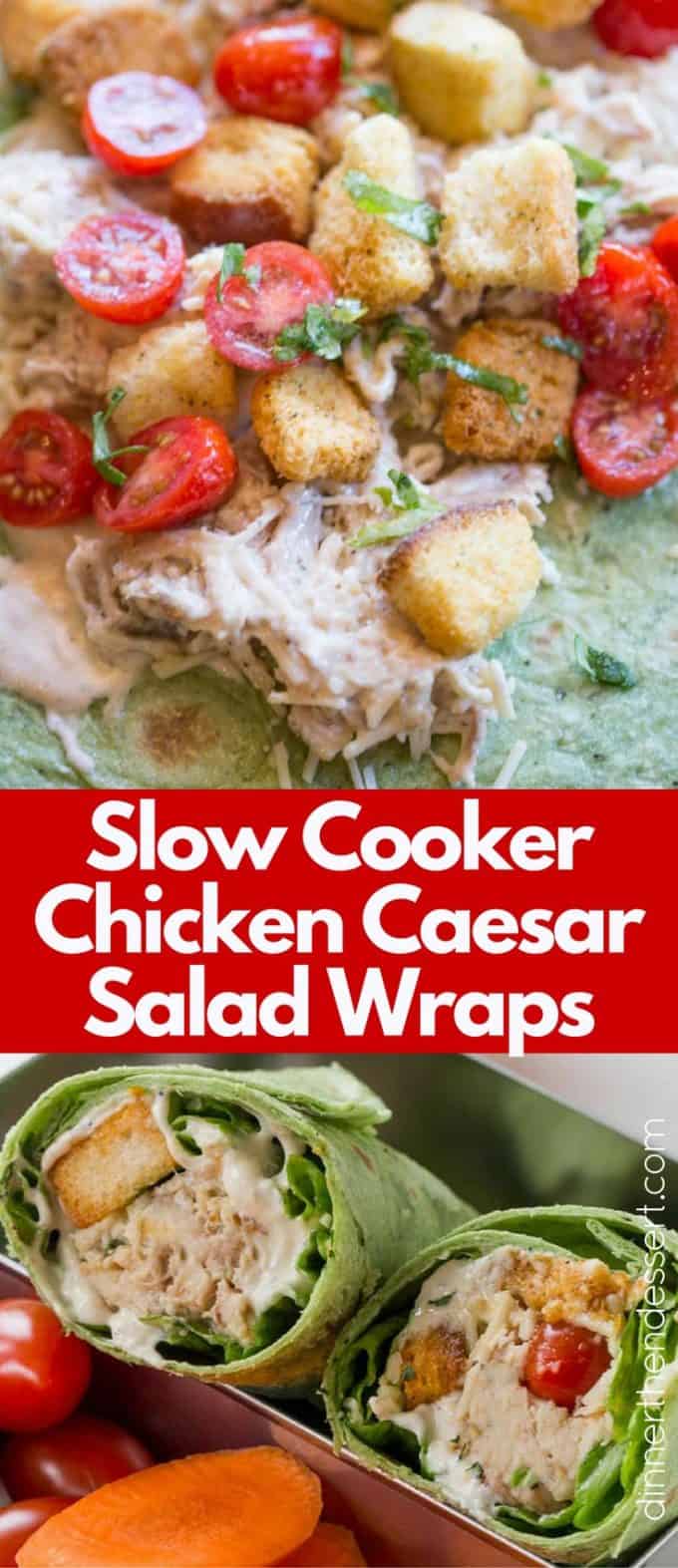 Slow Cooker Chicken Caesar Salad Wraps with shredded chicken, an easy anchovy free caesar dressing, croutons, tomatoes and Parmesan cheese in a spinach tortilla. Perfect for your lunchbox!