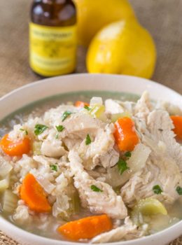 Slow Cooker Chicken and Rice Soup with brown rice and chicken breasts, this soup is comforting and warm with no extra added fat and with the use of lemon extract it can be made from pantry ingredients any time of year.