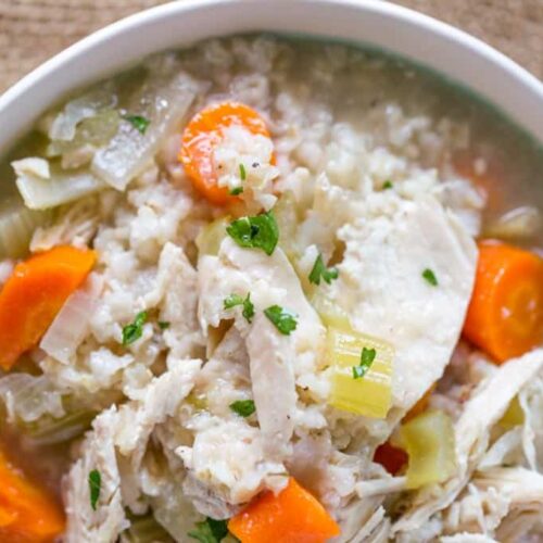 Hearty soup with chicken, brown rice, and vegetables.