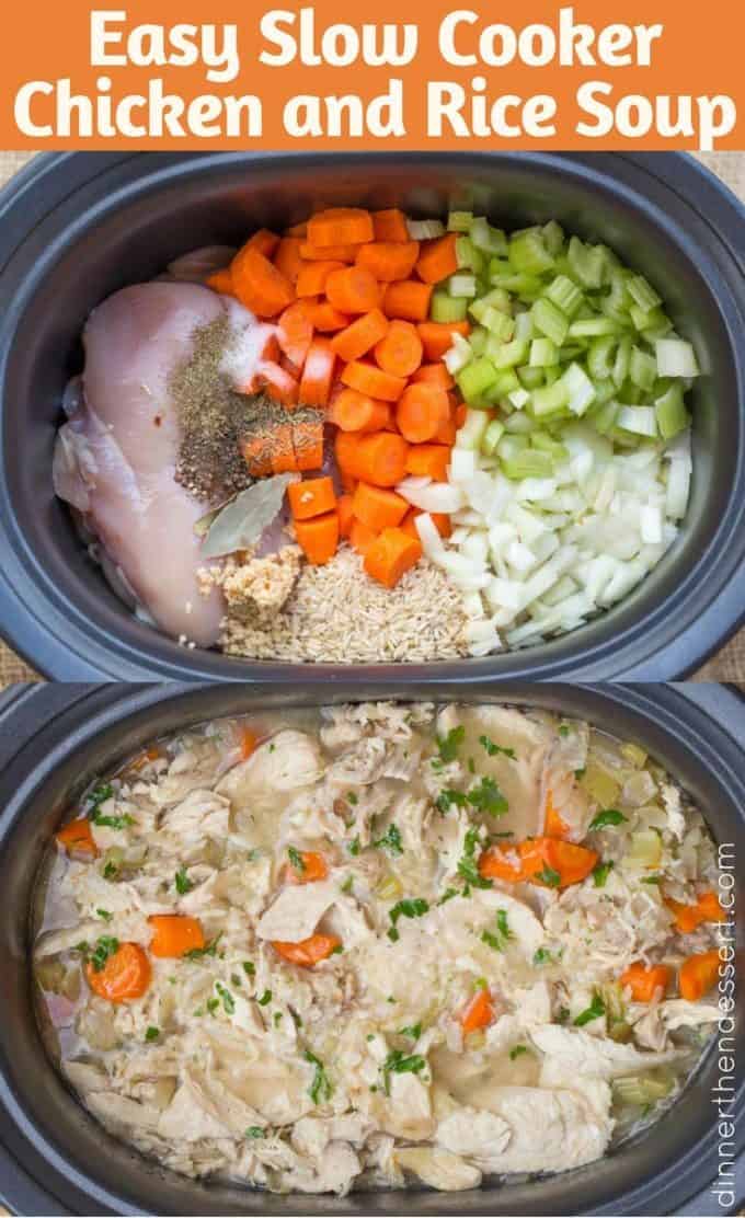 collage of chicken veggie soup before and after cooked