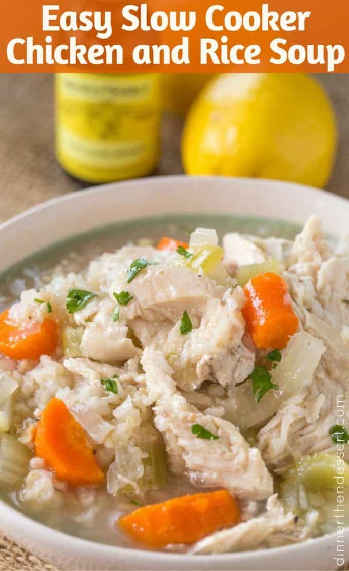 bowl of chicken and rice soup with lemon