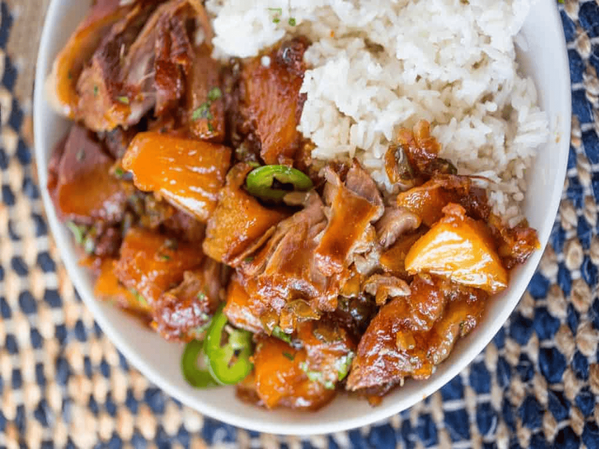 White plate of slow cooker Jalapeno Pineapple and Pork