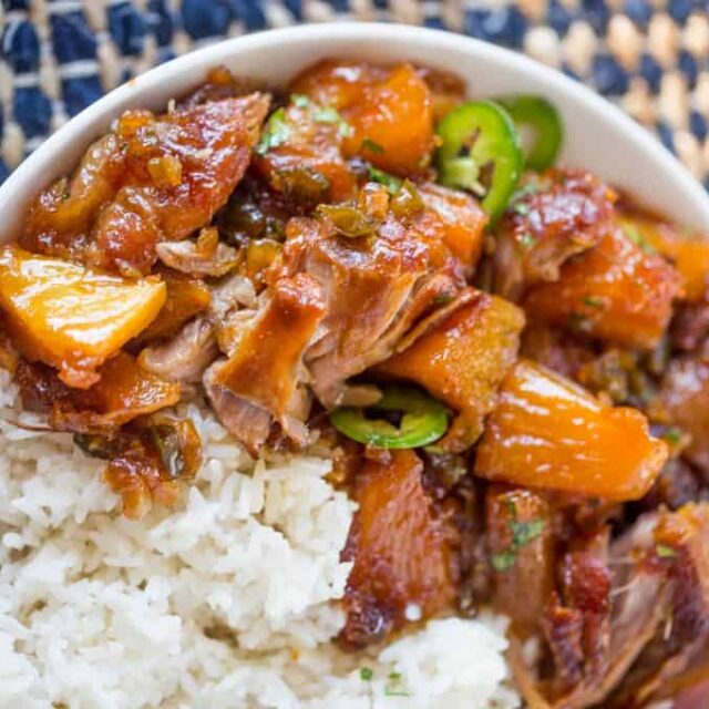 Slow Cooker Jalapeno Pineapple Pork in bowl with rice