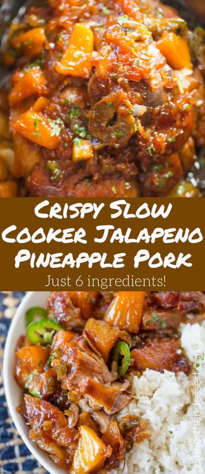 Slow Cooker Jalapeno Pineapple Pork with just six ingredients is crispy with a sweet, sticky, spicy glaze and meltingly soft pineapple chunks.