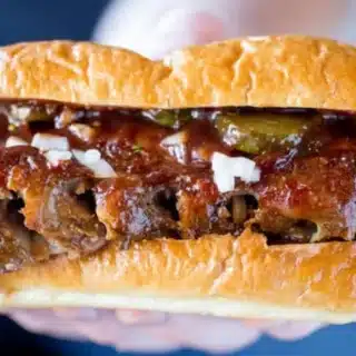 Full view of hands holding up sandwich