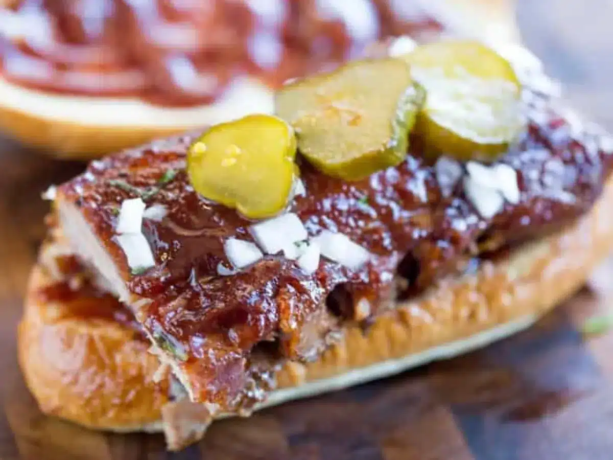 View of Sandwich with pickles on top