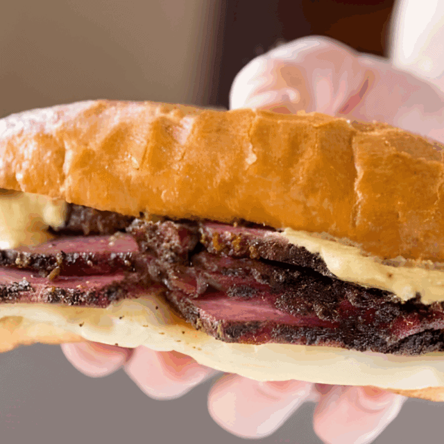 pastrami sandwich in hand