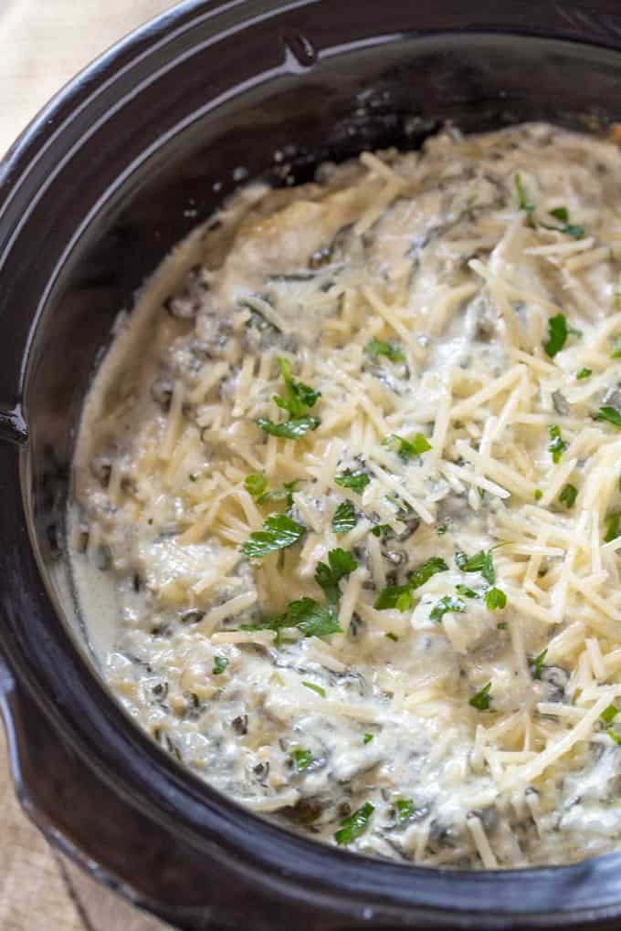 Slow Cooker Spinach Artichoke Dip cooking in slow cooker