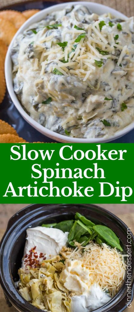 Slow Cooker Spinach Artichoke Dip is easy and addicting! Made with cream cheese, fresh spinach and artichoke hearts, perfect for your party it stays warm the whole time.