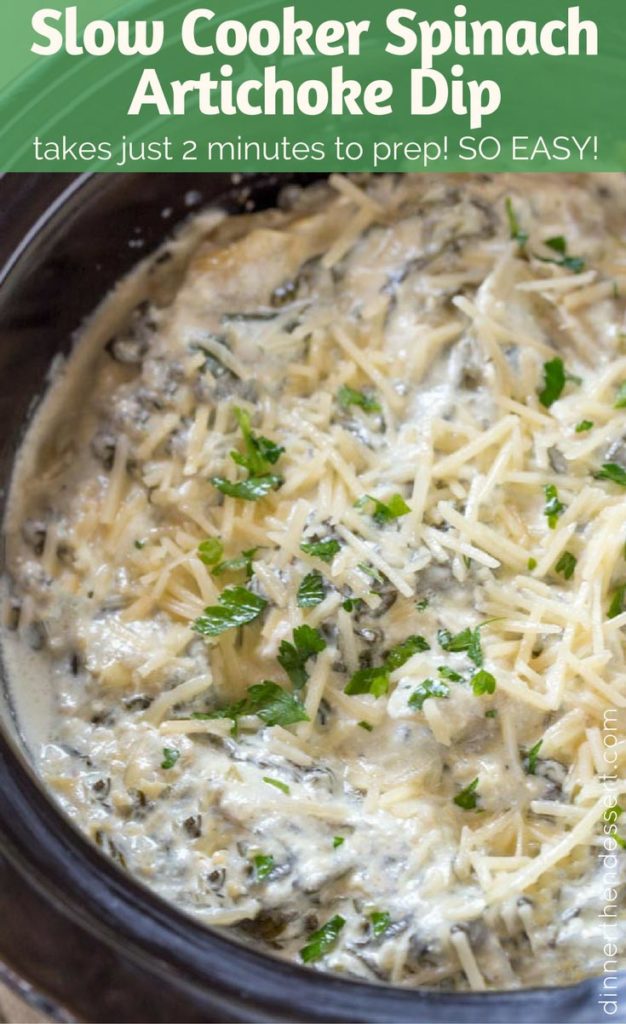 Slow Cooker Spinach Artichoke Dip is easy and addicting! Made with cream cheese, fresh spinach and artichoke hearts, perfect for your party it stays warm the whole time.