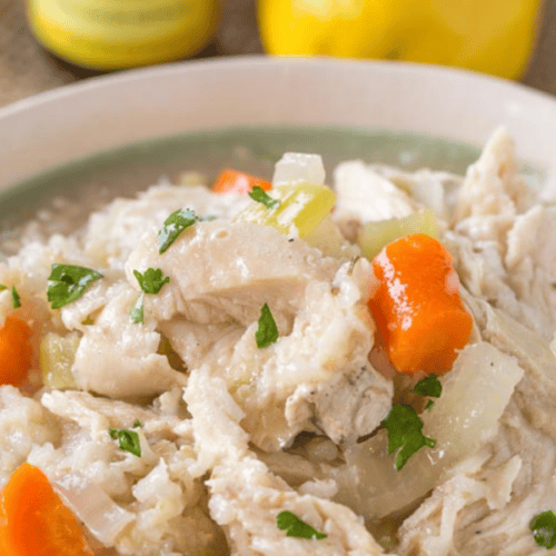 Closeup of poultry, veggies, and rice in a bowl