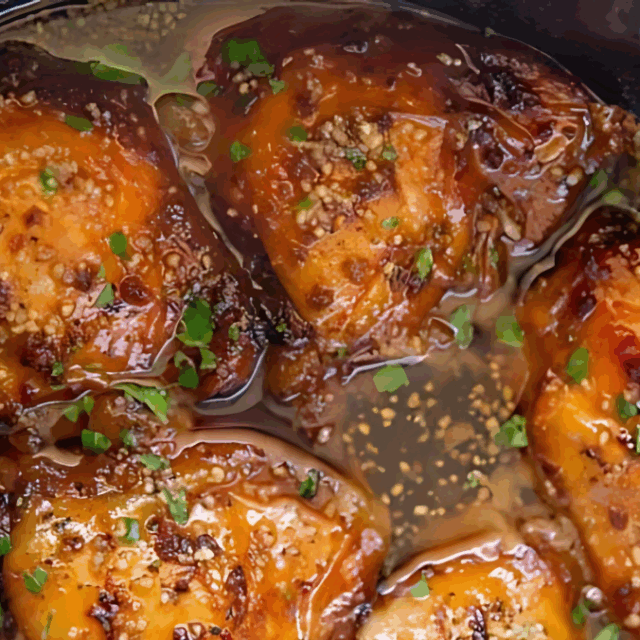 cooked chicken in pot with garlic, sauces, and garnish