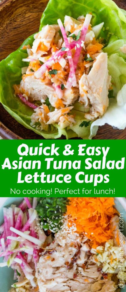 Asian Tuna Salad Lettuce Cups made with solid white albacore tuna in just minutes have all the flavors of your favorite Asian salad with added protein. Perfect for lunch!