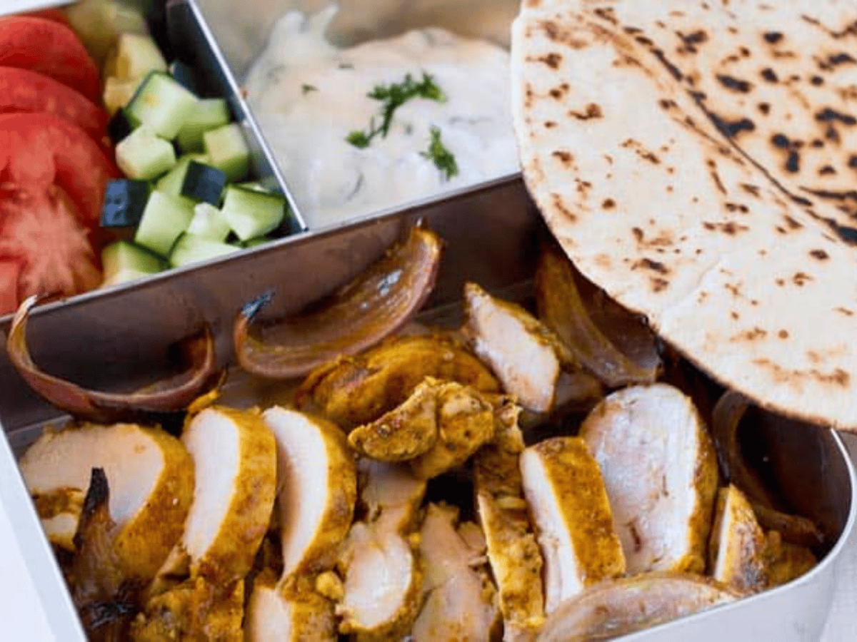 Angled bento box with chicken