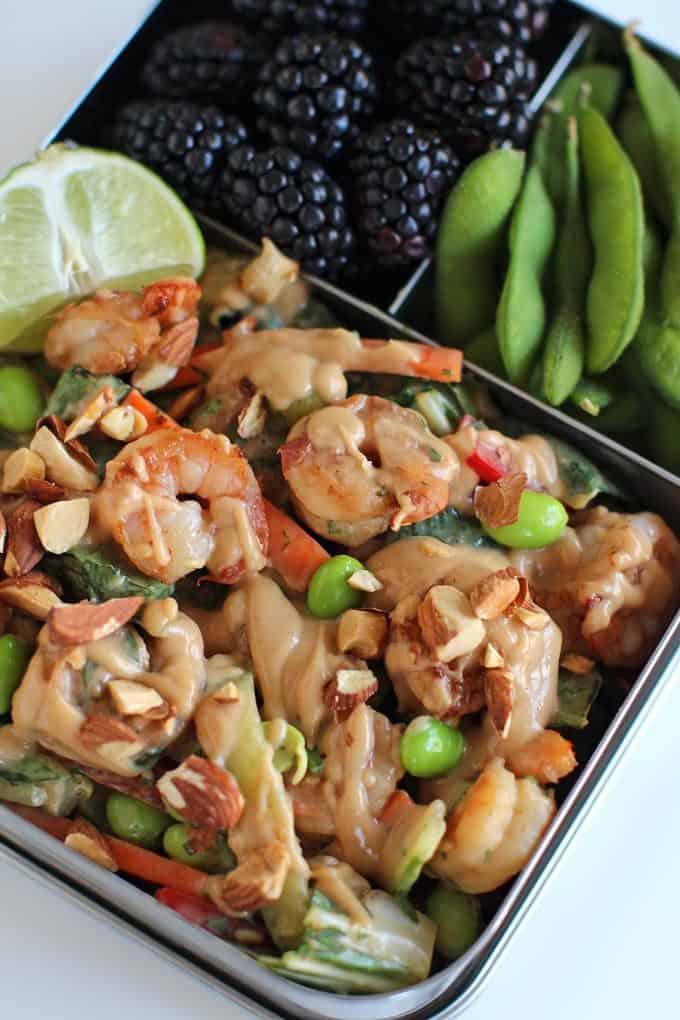 Shrimp Thai Crunch Salad made with a delicious and EASY peanut sesame dressing and topped with crispy shrimp and crunchy almonds. The perfect salad you'll crave every day!